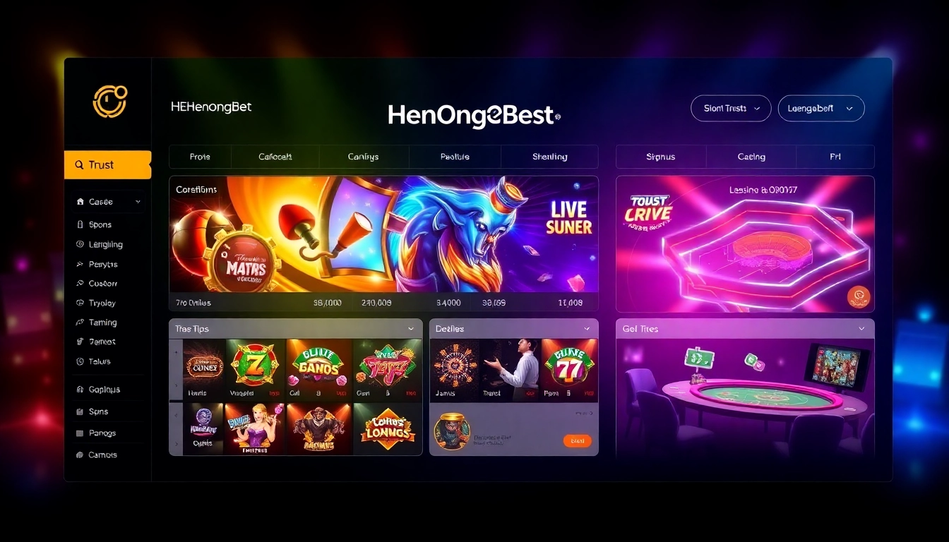 Hengongbet online casino platform showcasing spinning slots and live gaming in a vibrant,